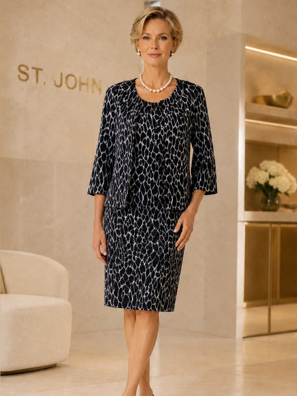 St. John Collection Animal Print Jacket & Dress Suit Set – Black – Sizes 8 / 6